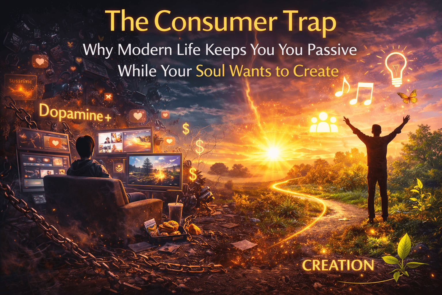 illustration showing contrast between passive consumer lifestyle and creative purposeful life