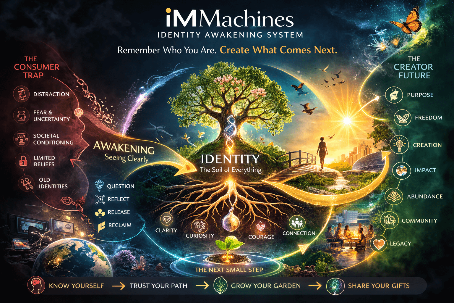 Identity Awakening System diagram showing seed awakening identity and creation journey