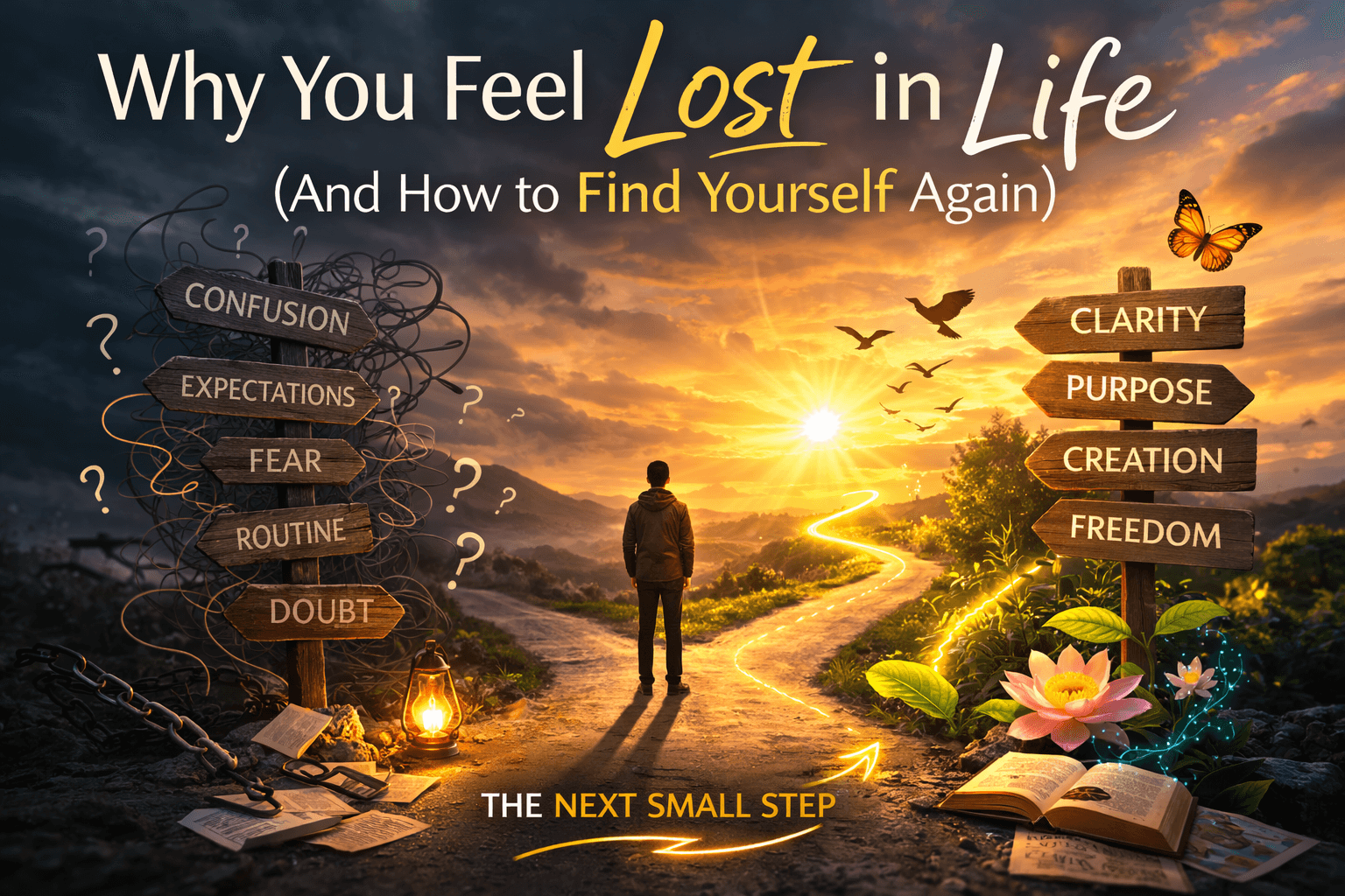 person standing at crossroads between confusion and clarity representing why people feel lost in life