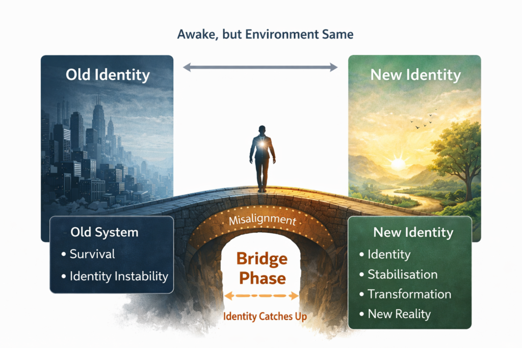 Diagram showing the bridge phase between old identity and new identity during awakening