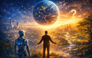 Human and AI overlooking a changing world symbolising the global search for meaning in the age of artificial intelligence