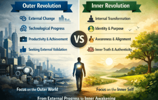 Person standing between two worlds symbolising the inner human revolution in the age of AI and identity awakening