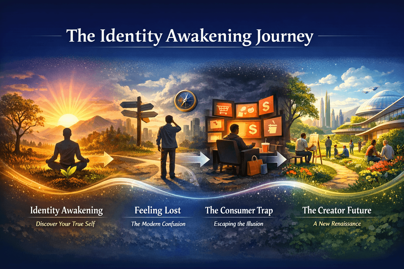 The Identity Awakening Journey visual map showing four stages: identity awakening, feeling lost, the consumer trap, and the creator future.