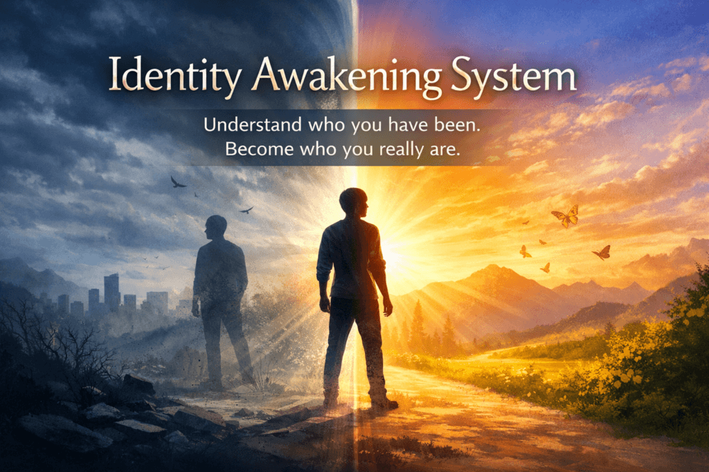 Person standing between darkness and light, symbolising identity transformation and self-discovery