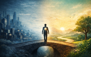 Diagram showing the identity bridge phase from old world to new identity awakening