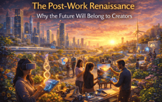 futuristic creative society where people build art technology and ideas in a post work renaissance