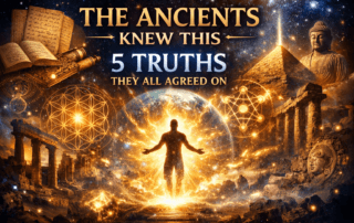 The ancients decoded reality concept showing human awakening with sacred geometry, ancient temples, and cosmic energy representing universal truths