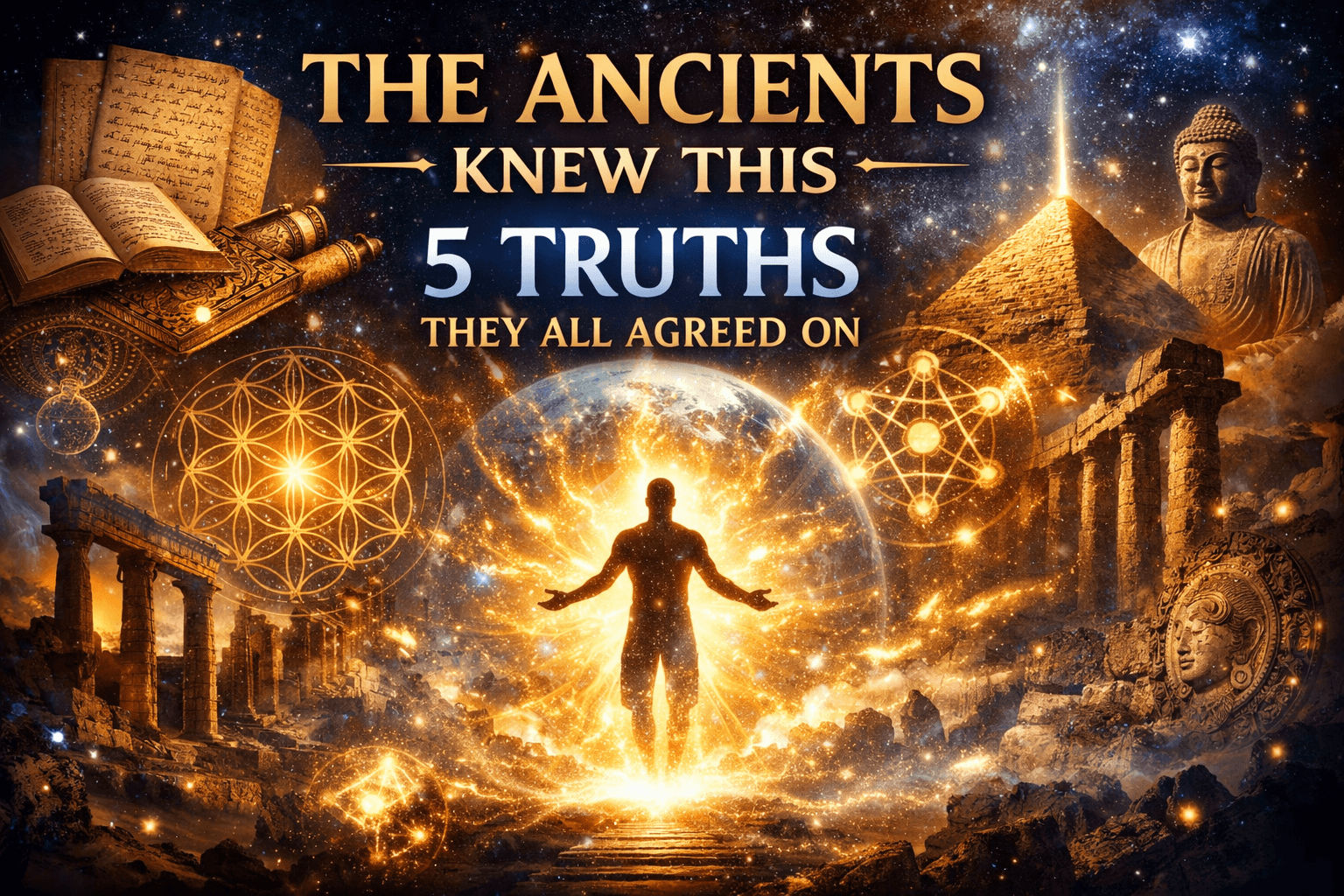 The ancients decoded reality concept showing human awakening with sacred geometry, ancient temples, and cosmic energy representing universal truths
