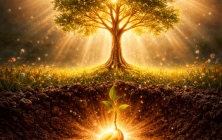A glowing seed growing into a radiant tree symbolising discovering your life mission and identity unfolding over time
