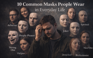 Person surrounded by symbolic masks representing common emotional and social identities in everyday life