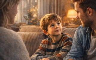 Child sitting with parents and absorbing beliefs through family conversation and early life experience