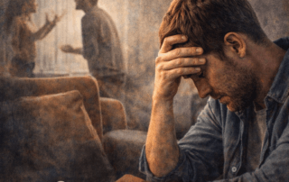 Adult sitting in distress with blurred family conflict in the background, representing inherited family trauma and trauma-shaped beliefs