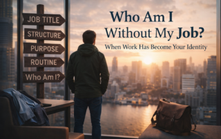 Person looking out over a city and reflecting on identity after work has become their main role