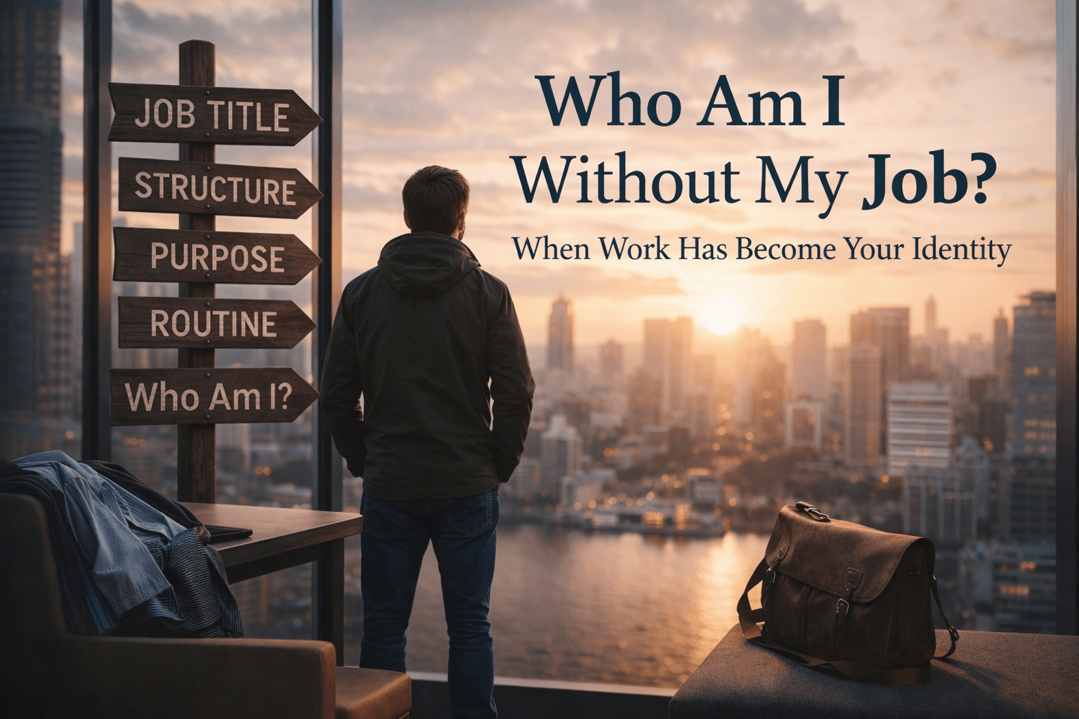 Person looking out over a city and reflecting on identity after work has become their main role