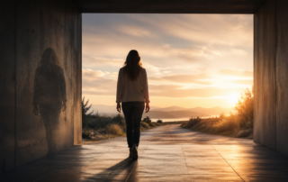 Person walking toward light at dawn while an older shadow self remains behind, symbolising identity shift before external change