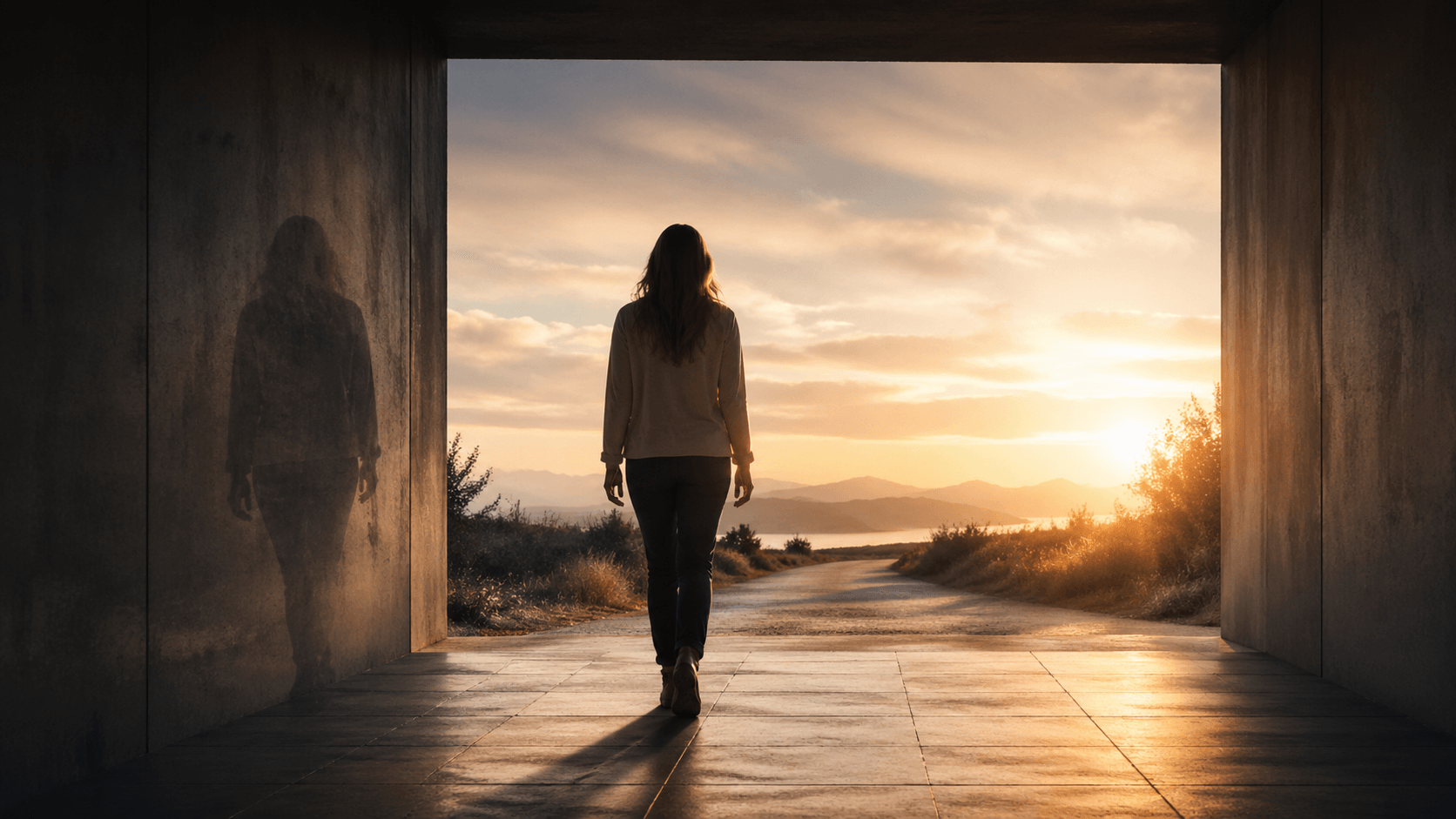 Person walking toward light at dawn while an older shadow self remains behind, symbolising identity shift before external change