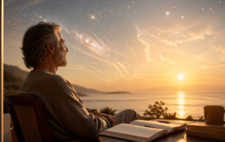 Reflective person journaling at sunrise by the sea with a luminous inner silhouette, symbolising consciousness, self-concept, and identity awakening