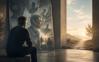 Reflective person facing a fractured mirror and a sunlit path, symbolising deep truths about the mind, conditioning, and identity awakening