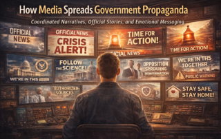 Person watching multiple official media screens and reflecting on how government propaganda can shape public beliefs