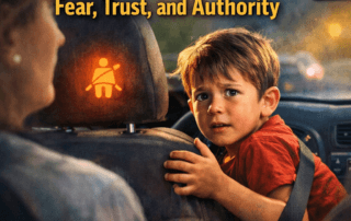 oung boy reacting fearfully in a car as a warning light appears, illustrating how beliefs are formed through trust fear and authority