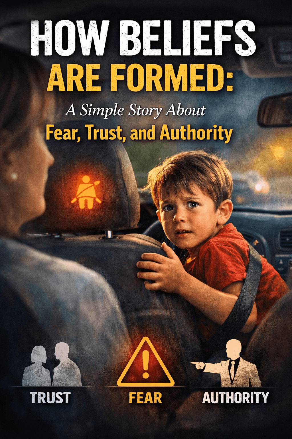 oung boy reacting fearfully in a car as a warning light appears, illustrating how beliefs are formed through trust fear and authority