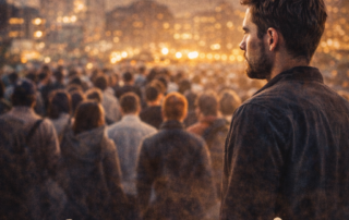 Person standing apart from a crowd and reflecting on culture, belonging, and socially shaped beliefs