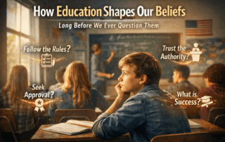 Student sitting in a classroom reflecting on how education shapes beliefs, authority, and identity