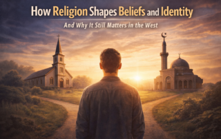 Person standing between a church and a mosque reflecting on religion, identity, and belonging in the modern West