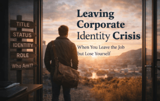 Person standing at the threshold between office life and open landscape, reflecting on identity after leaving corporate