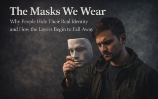 Person holding a white mask and reflecting on hidden identity, emotional protection, and authenticity