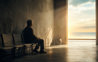Person sitting alone in a symbolic waiting room looking toward light over the sea during an awakening journey