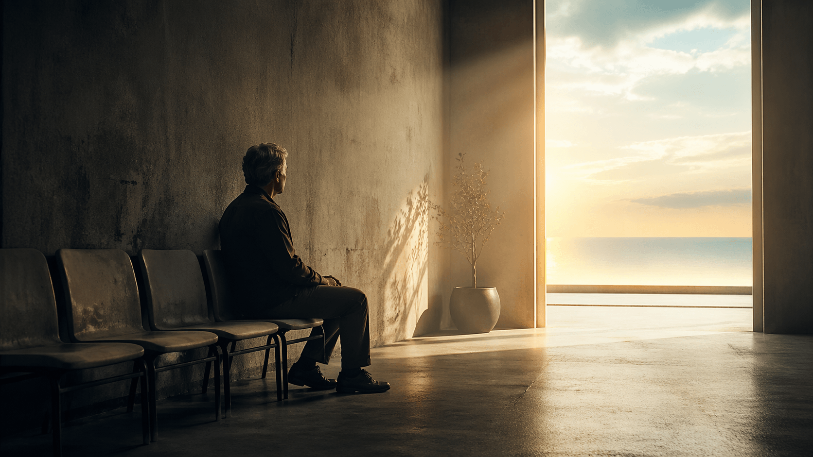 Person sitting alone in a symbolic waiting room looking toward light over the sea during an awakening journey