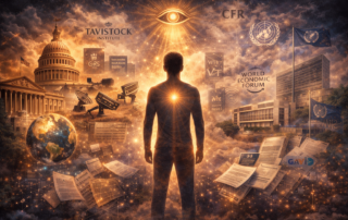 Symbolic image of a person standing in awareness amid government buildings, global institutions, documents, and surveillance imagery representing the shaping of public belief systems