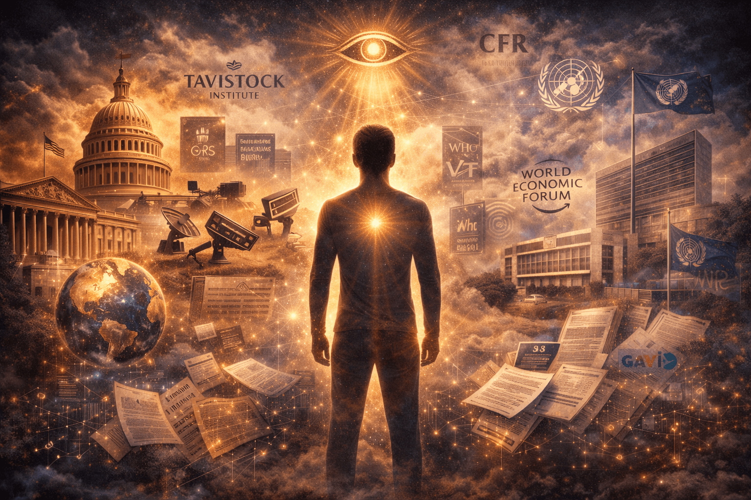 Symbolic image of a person standing in awareness amid government buildings, global institutions, documents, and surveillance imagery representing the shaping of public belief systems