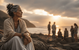 Reflective person sitting alone by the sea while others talk in the background, symbolising awakening, rejection, and the need for people to awaken in their own time