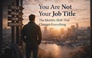 Person looking over a city skyline and reflecting on identity beyond job title and work role