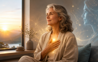 A woman reflecting at sunrise, symbolising identity awakening, inner wisdom, and AI as a mirror.
