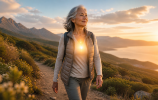 Older woman walking at sunrise, symbolising healthy ageing, purpose, and identity awakening after 60.