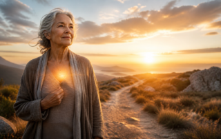 Older woman on a sunrise path, symbolising resilience, hope, and Identity Awakening.
