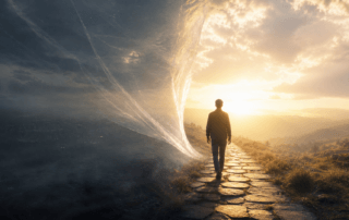 Person walking toward a bright opening in the sky, symbolising the pursuit of truth, awakening, and inner authority