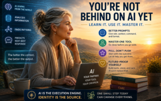 Mature woman using AI at sunrise, symbolising learning AI and Identity Awakening.