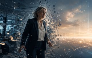 A mature person standing between a fading office environment and a glowing digital horizon, symbolising AI job loss, identity crisis and the future of work.
