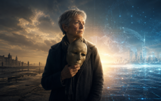 A mature person holding onto an old mask while standing before a changing digital world, symbolising fear of change, identity awakening and the future of work.