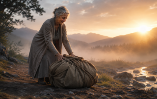 A mature person gently setting down a heavy bundle beneath warm morning light, symbolising release, false responsibility and identity awakening.