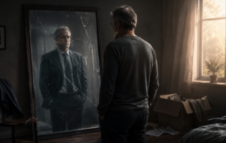 A mature man standing in front of a cracked mirror, symbolising the painful transition of identity change and personal awakening