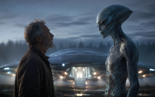 A mature person meeting an alien with a UFO in the background