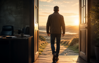 A mature man standing at an open doorway, leaving behind a shadowed office and stepping into warm natural light, symbolising identity awakening and personal transformation.
