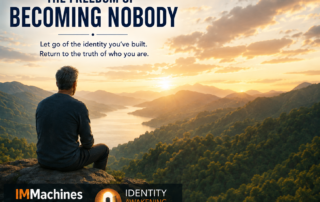 Mature man overlooking mountains at sunrise, representing the freedom of letting go of identity and returning to the authentic self.