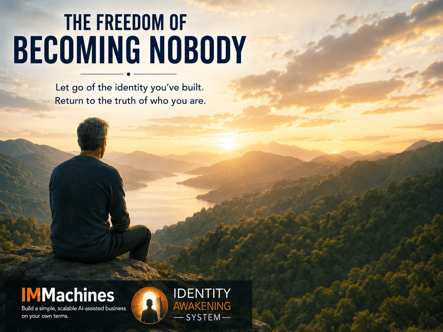 Mature man overlooking mountains at sunrise, representing the freedom of letting go of identity and returning to the authentic self.