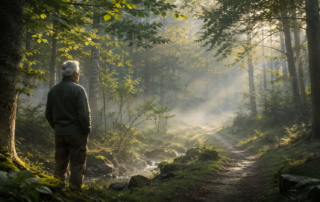 A mature person standing quietly in a forest, symbolising stillness, clarity and finding direction through the Identity Awakening System.